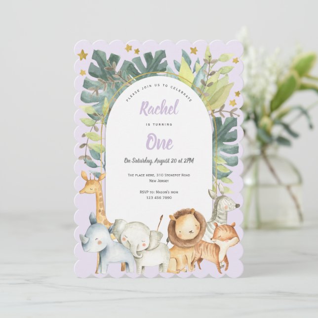 Safari cute animals purple Girl first birthday Invitation (Standing Front)