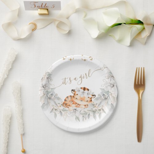 Safari Cute Tiger Flower Its a Girl Baby Shower Paper Plates