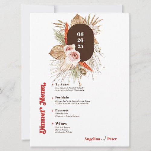 Safari Desert Boho Flowers Wedding Menu  Invitation