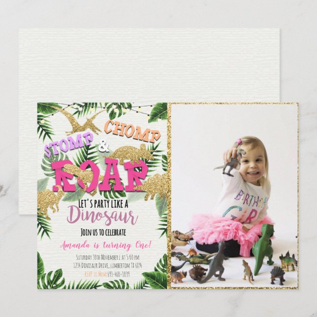 Safari Dinosaur Birthday Invitation With Photo (Front/Back)