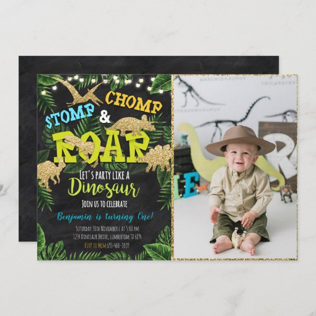 Safari Dinosaur Birthday Invitation With Photo (Front/Back)