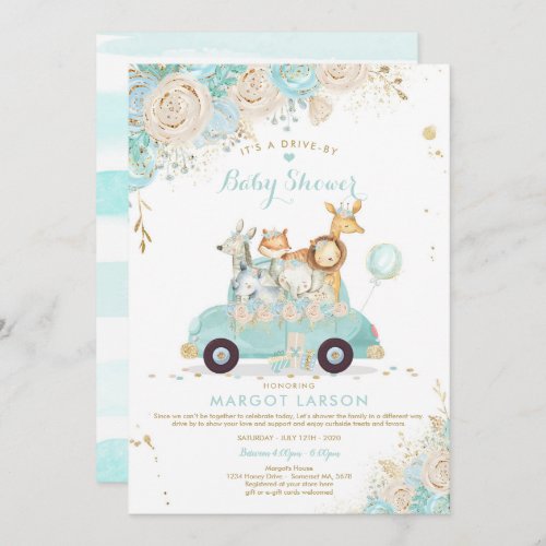 Safari Drive By Baby Shower Invitation Mint Floral