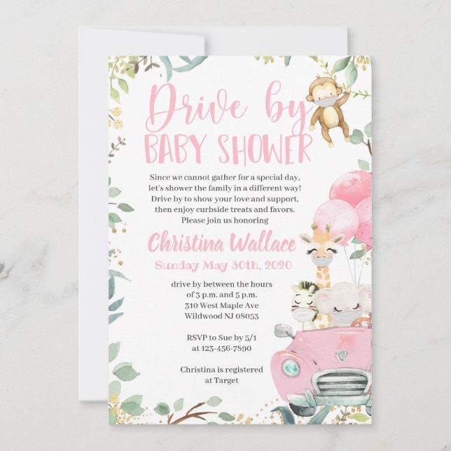 Safari Drive By Baby Shower Invitations for Girls (Front)