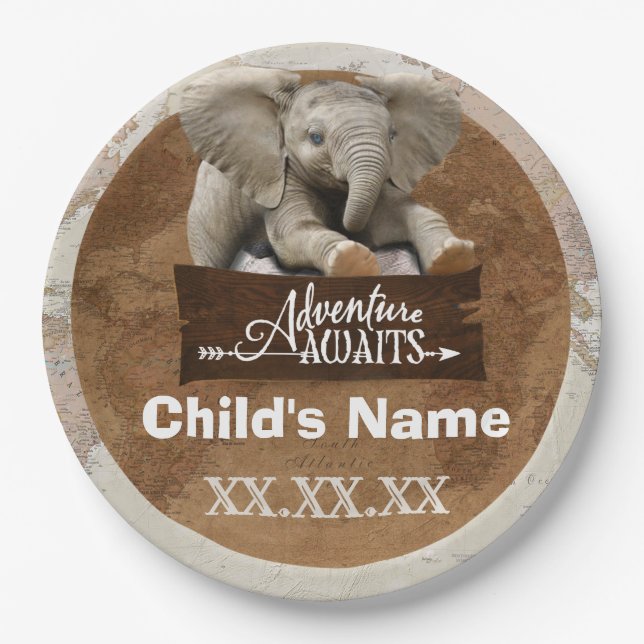 Safari Elephant “Adventure Awaits” Theme Paper Plates (Front)