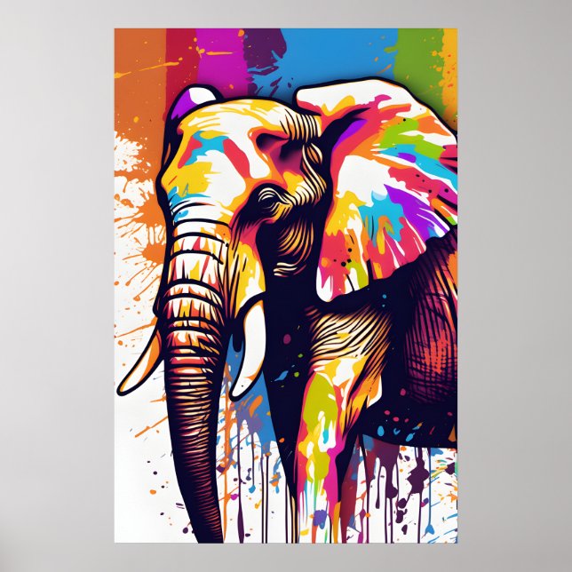 Safari Elephant Art, Rainbow Paint Splatter Wall  Poster (Front)