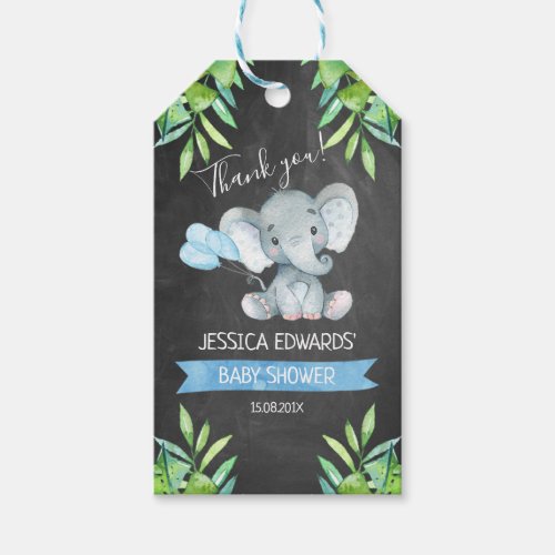 Safari Elephant Baby Shower TagS - This cute chalkboard elephant baby shower tag features an elephant, balloons, banner and  foliage on a scanned chalkboard background image.  All of the text is editable.  Same design baby shower invitation is available at the store.   This boy's chalkboard elephant baby shower tag is ready to be personalized.