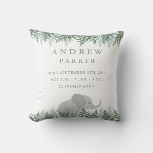 Safari Elephant Birth Announcement Stats Pillow