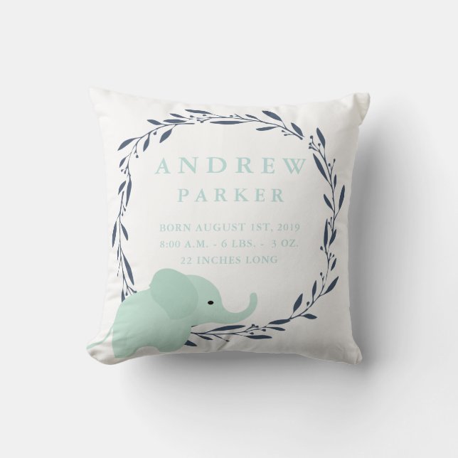 Safari Elephant Birth Announcement Stats Pillow (Front)