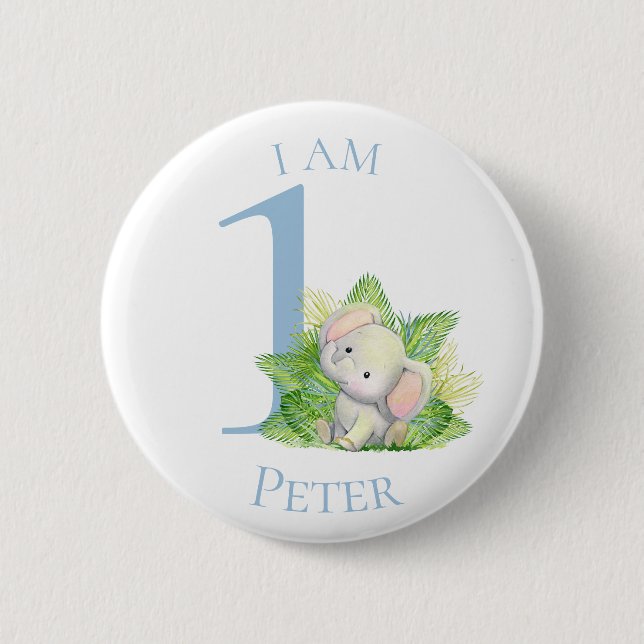 Safari Elephant Blue BIRTHDAY Button (Front)