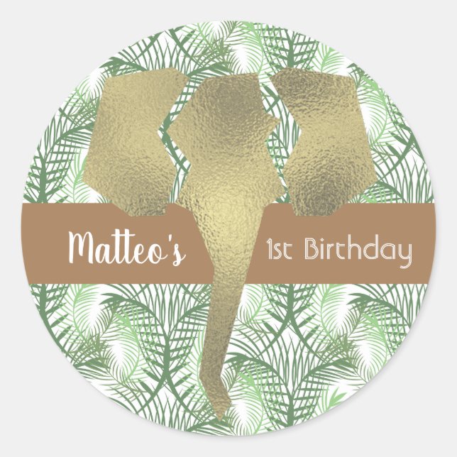 Safari Elephant Faux Gold Greenery Classic Round Sticker (Front)