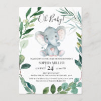 Safari Elephant Foliage Wreath Baby Shower Invitation