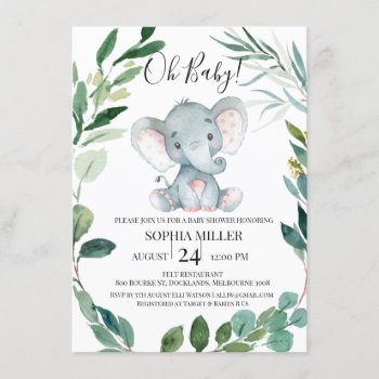 Safari Elephant Foliage Wreath Baby Shower Invitation by figtreedesign at Zazzle
