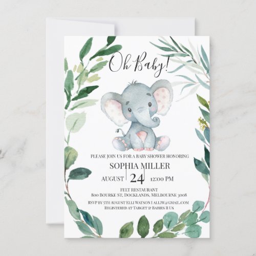 Safari Elephant Foliage Wreath Baby Shower Invitation - Safari Elephant Foliage Wreath Baby Shower Invitation
 
Sweet elephant themed baby shower invitation featuring  a foliage wreath and a cute watercolor elephant.   All text is editable making this a very flexible template.  This safari elephant and foliage wreath baby shower invitation is a sweet way to invite guests to an elephant themed baby shower.