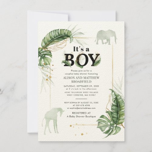 Safari Elephant Giraffe Botanical Boy Baby Shower Invitation