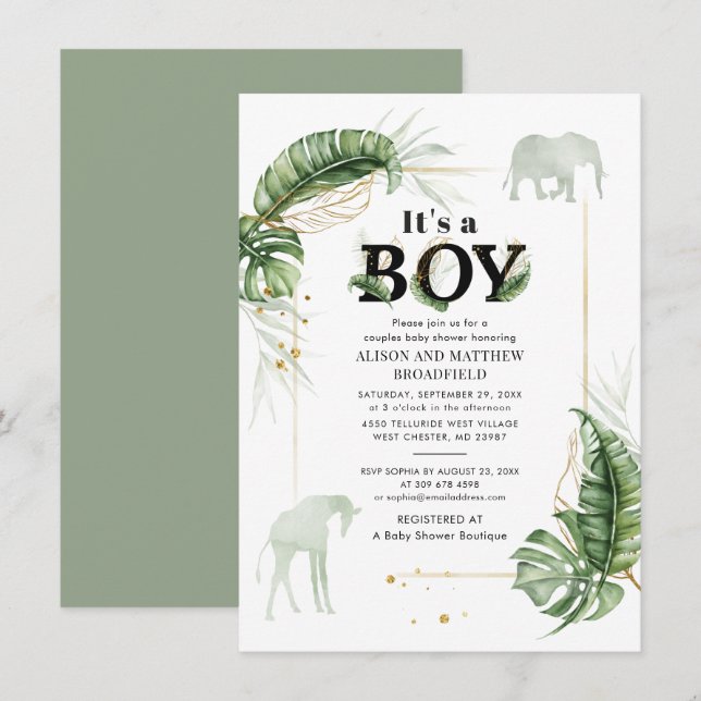Safari Elephant Giraffe Botanical Boys Baby Shower Invitation (Front/Back)