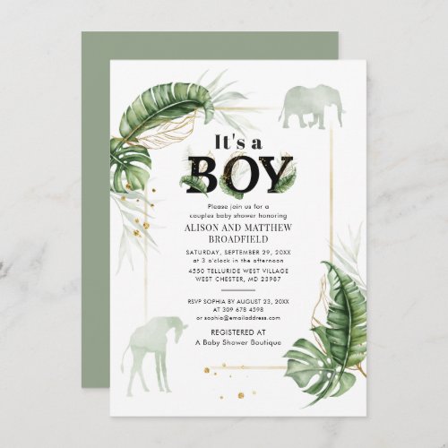 Safari Elephant Giraffe Botanical Boys Baby Shower Invitation