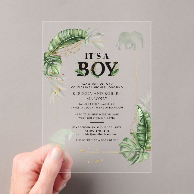Safari Elephant Giraffe Boy Baby Shower Acrylic Invitations (Insitu (Handheld))