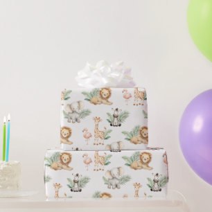 Safari Elephant Giraffe Zebra Flamingo Lion Animal Wrapping Paper