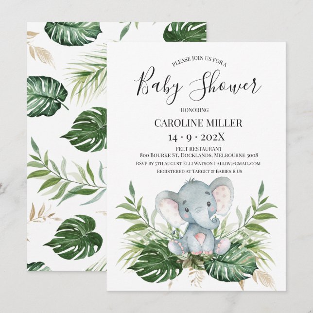 Safari Elephant Gold Green Foliage Baby Shower Invitation (Front/Back)
