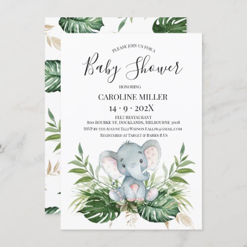 Safari Elephant Gold Green Foliage Baby Shower Invitation