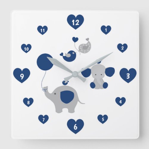 Safari Elephant Navy Blue Gray Baby Boy Nursery Square Wall Clock