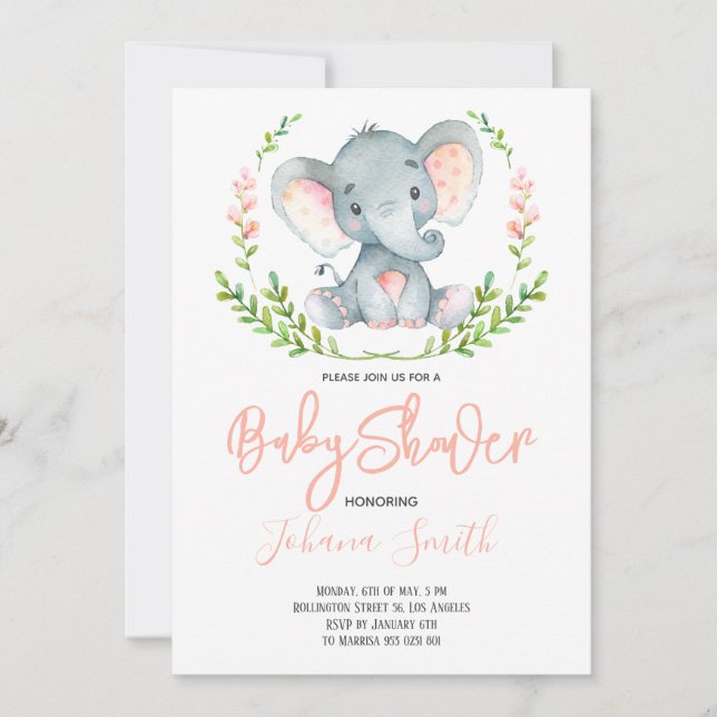 Safari Elephant Watercolor Girl Baby Shower Invitation (Front)