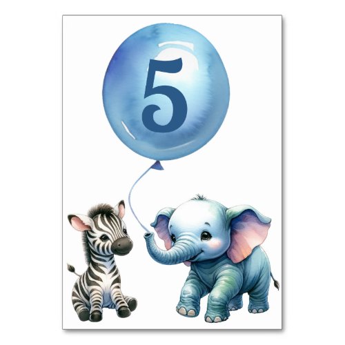 Safari Elephant Zebra  Blue Balloon Watercolor Table Number