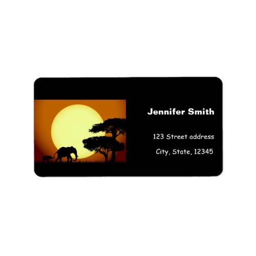 Safari elephants at sunset label