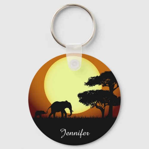 Safari elephants at sunset name keychain