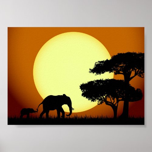 Safari elephants at sunset poster