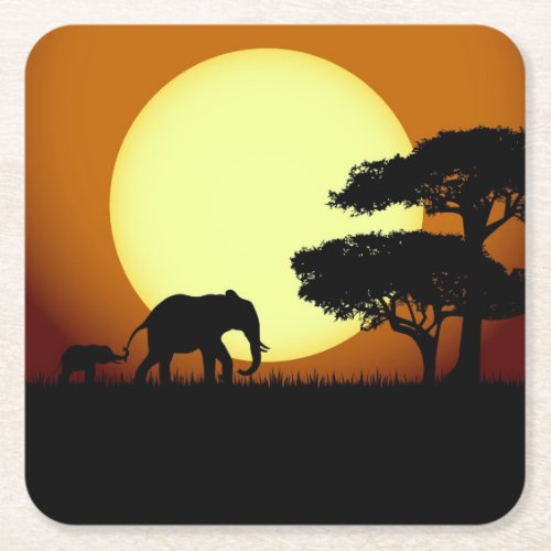 Safari elephants at sunset square paper coaster