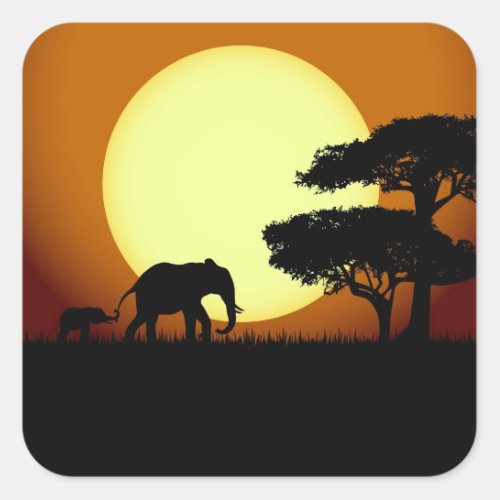 Safari elephants at sunset square sticker