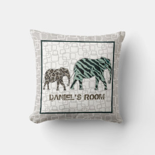 Safari Elephants Baby Boy Nursery Mid Century Throw Pillow