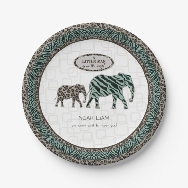 Safari Elephants Little Man Baby Boy Zebra Shower Paper Plates (Front)