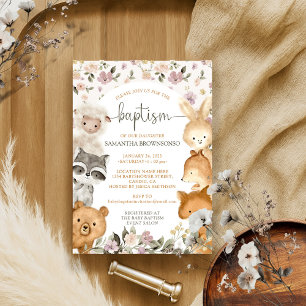 Safari Farm Animal Bear Fox Rabbit Raccoon Baptism Invitation
