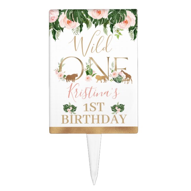 Safari Faux Gold Wild One Girl's Birthday Cake Pic Cake Topper (Front)