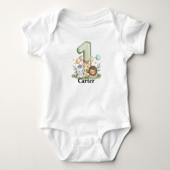 Safari First Birthday Bodysuit, Custom Baby Outfit Baby Bodysuit (Front)