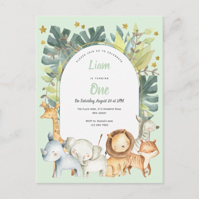 Safari first birthday invitation animals theme (Front)