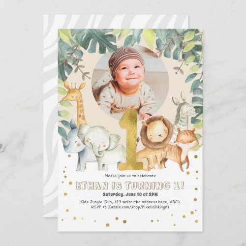 Safari first birthday invite jungle animals photo