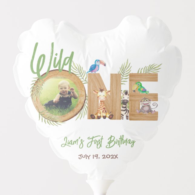 Safari First Birthday Photo Wild One Animals Wood Balloon (Front)