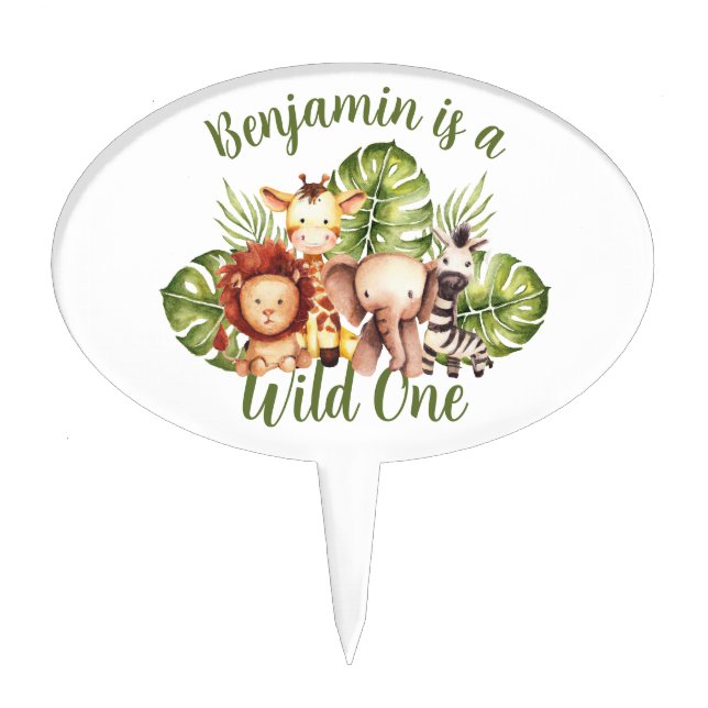 Safari First Birthday Wild One Cute Jungle Animals Cake Topper (Front)