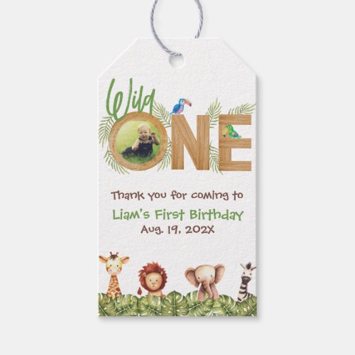 Safari First Birthday Wild One Photo Animals Wood  Gift Tags