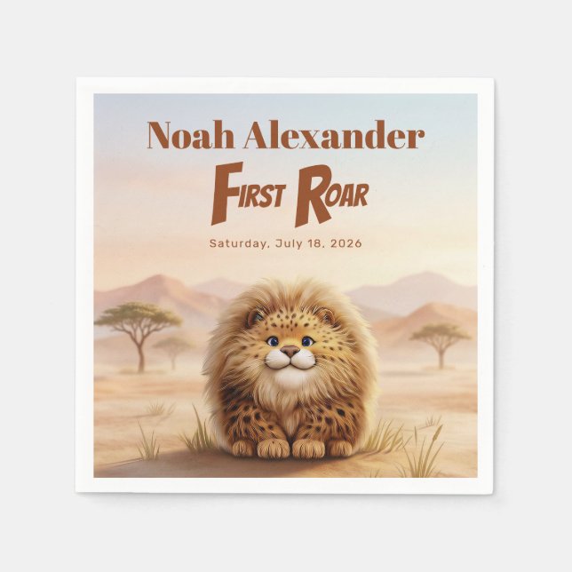 Safari First Roar Fluffy Leopard Birthday Party Napkins (Front)
