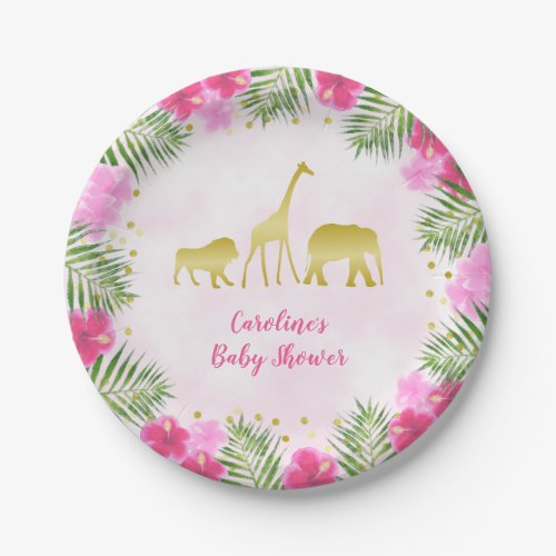 Safari Floral Pink Gold Baby Shower Paper Plates