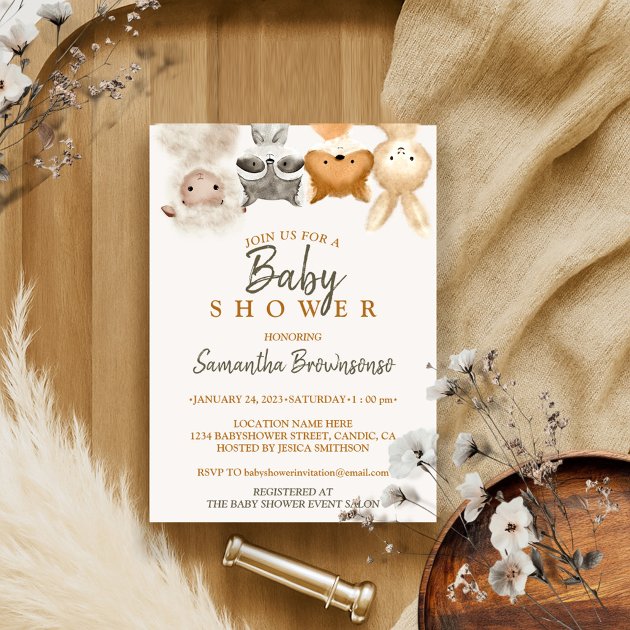 Safari Forest Animal Sheep Raccoon Fox Rabbit Baby Invitation
