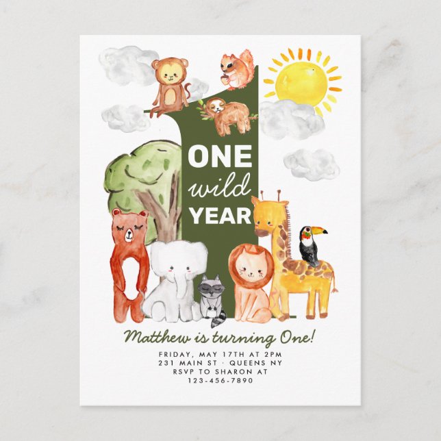 Safari Forest Animals ONE Wild Year Kids Birthday Postcard (Front)