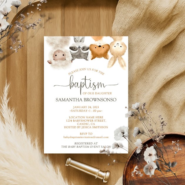 Safari Forest Farm Cute Animal Baby Baptism Invitation