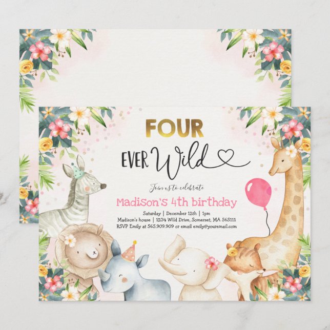 Safari Four Ever Wild Birthday Invitation Pink (Front/Back)