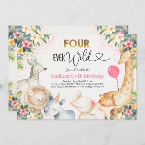 Safari Four Ever Wild Birthday Invitation Pink