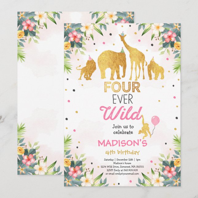 Safari Four Ever Wild Birthday Invitation Pink (Front/Back)